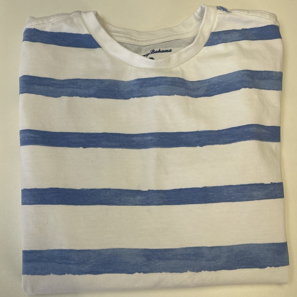 Tommy‎ Bahama Shirt Boys Youth White Blue Striped Casual Cotton T Shirt M 7/8 - Picture 5 of 5